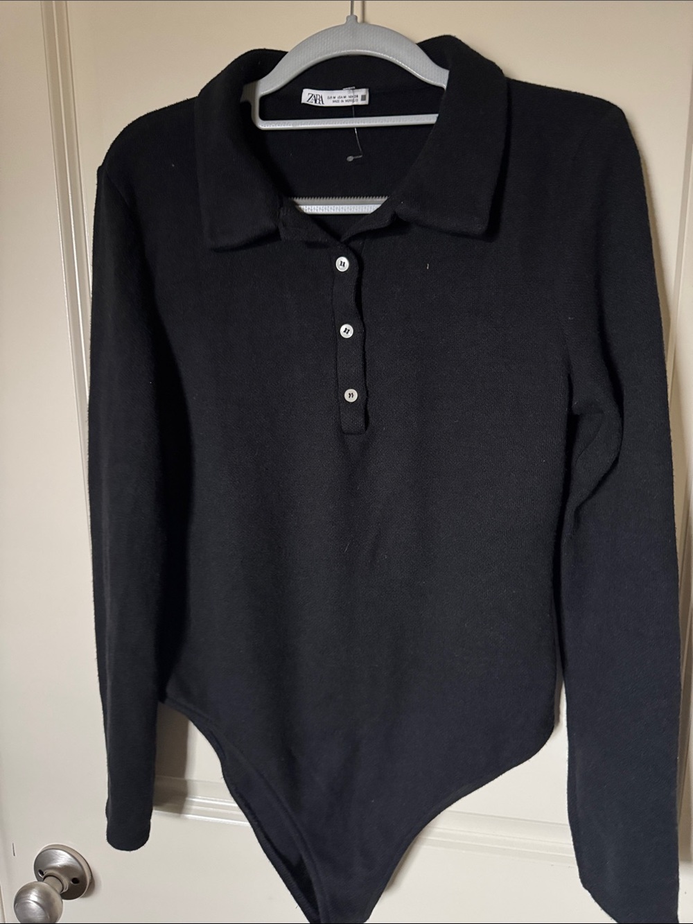 Zara Black Long-Sleeve knit Polo Bodysuit